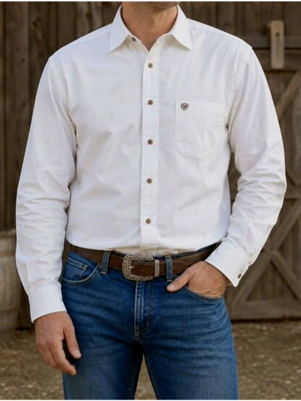 Ariat Men's Off White Long-Sleeve Button-Down Shirt, Western, Cowboy, Cotton